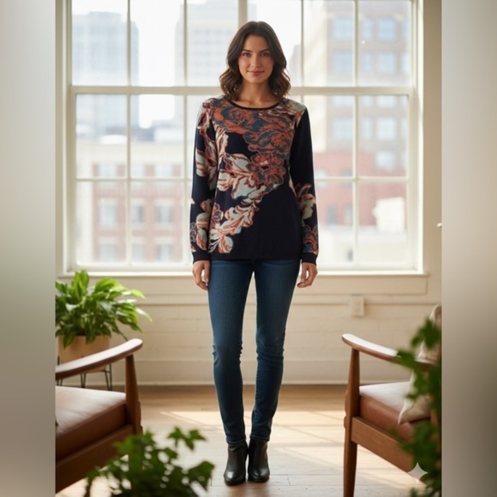 Soft Surroundings Women’s X Small Seeds Of Spring Navy Floral Cotton Sweater XS